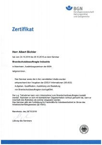 Zertifikat Brandschutzbeauftragter Industrie BGN