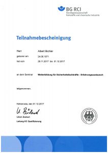 Teilnahmebestätigung Weiterbildung für Sicherheitsfachkräfte - Erfahrungsaustausch