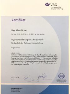 Zertifikat Psychische Belastung am Arbeitsplatz als Bestandteil der Gefährdungsbeurteilung