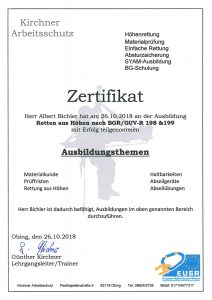 Zeritifikat Retten aus HÖhen nach BGR/GUV-R 198 & 199