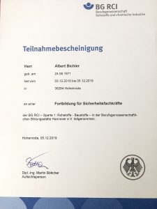 Teilnahmebescheinigung Fortbildung für Sicherheitsfachkräfte