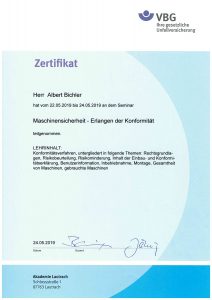 Zertifikat VBG Maschinensicherheit - Erlangen der Konformität