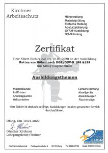 Zertifikat Retten aus Höhen nach BGR/GUV-R 198 & 199