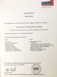 Zertifikat LEHRGANG ZUR SICHEREN VERWENDUNG DER PSA GEGEN ABSTURZ UND HALTEN UND RETTEN PSAgA (DGPUV 312-906)