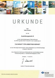 Urkunde Berufsgenossenschaft der Gesundheitsdienst-und Wohlfahrtspflege BGW