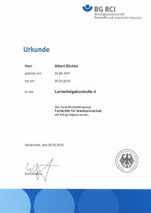 BG RCI Urkunde Rohstoffe und chemische Industrie