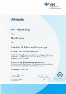 Qualifikation Ausbilder für Führer von Krananlagen