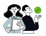 Selbstbewusstsein stärken – Coaching für persönliche Entwicklung Zwei Personen mit Dokument und grünem Haken – Symbol für Selbstvertrauen und persönliche Entwicklung